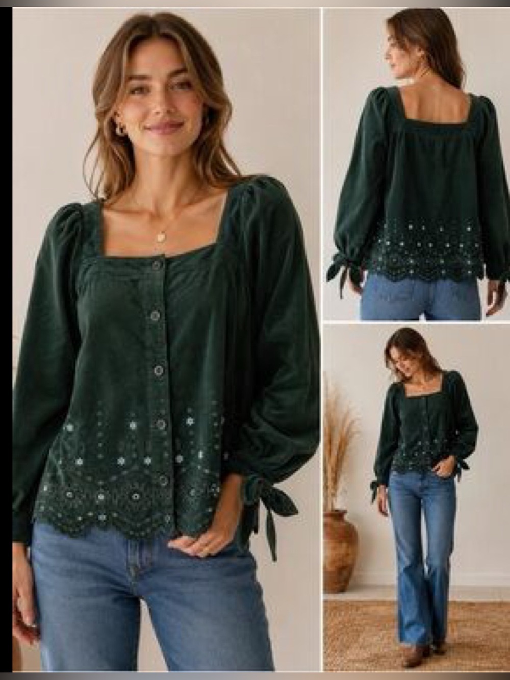 Madewell Corduroy Embroidered Eyelet Cottagecore Peasant Top Dark Palm Green M